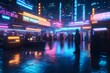 A cyberpunk marketplace, where a hacker trades virtual goods amidst a backdrop of holographic advertisements.