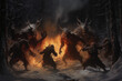 Group of Krampus in a dark snowy forest fighting in front of a fire