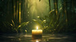 Pojedyncza relaksacyjna świeca na tafli wody w środku bambusowego lasu