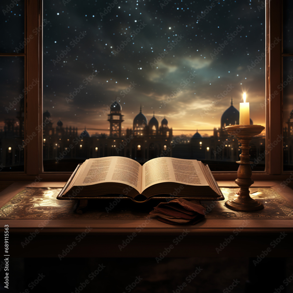 Prayer, islam and worship with man in mosque for god, holy quran and ...
