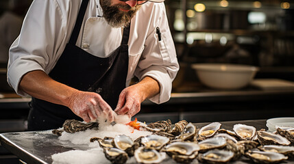 Chef opens mussels, concept of the restaurant, menu and hotel business. Seafood professional kitchen