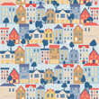 Seamless town pattern. Endless background with cute small houses and trees. Repeating print of old style homes.