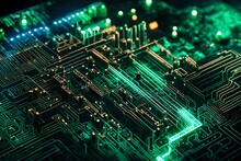Macro Image Of A Cutting-edge Circuit Board, Focusing On The Precision And Complexity Of The Electronic Pathways, Surrounded By Neon LED Lights.