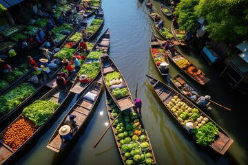 Aerial view famous floating market in Thailand. Floating market, Farmer go to sell organic products, fruits, vegetables and Thai cuisine, Tourists visiting by boat.