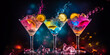 Set colorful cocktail drinks There is water splashing. alcoholic beverages With berries, lemon, herbs and ice. Set of various cocktails on a dark background. Parties and summer holidays.