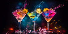 Set Colorful Cocktail Drinks There Is Water Splashing. Alcoholic Beverages With Berries, Lemon, Herbs And Ice. Set Of Various Cocktails On A Dark Background. Parties And Summer Holidays.