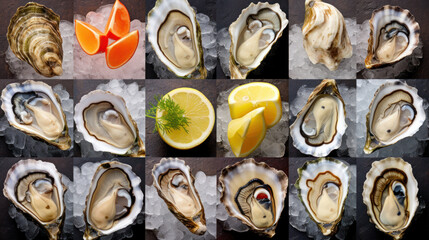 Fresh oysters on ice at seafood restaurant. Ready for eat or serving, Selective focus. Oysters are protein rich and raw with lemon a delicacy