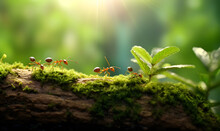 Macro Shot Of Red Ants Marching On The Forest Ground