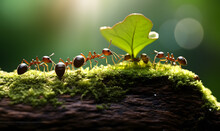 Macro Shot Of Red Ants Marching On The Forest Ground