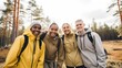 © Stavros's son - Cheerful group of friends with backpacks for hike walking across autumn forest exploring nature. Friends spending time together without using gadgets. Enjoying environment