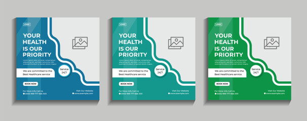 Healthcare medical service social media post template design. Doctor's care, Clinic, or hospital's digital marketing ads for health business promotion banner and web flyer templates.