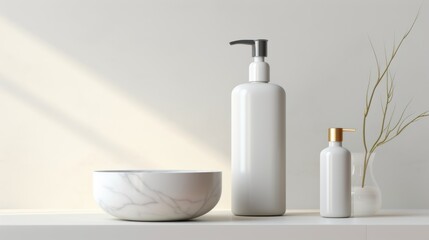 Wall Mural - 3D mockup products of White empty cosmetic products, white soap lotion, shampoo or shower gel, mockup and bottles in the style of light gray and white in modern bathroom interior Free Copy Space