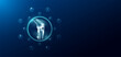 Medical health care. Knee joint bone in transparent bubbles surround with medical icon. Technology innovation healthcare hologram organ on dark blue background. Banner empty space for text. Vector.