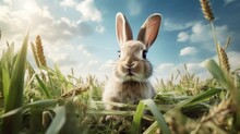 Rabbit Eat Grass In The Middle Of The Green Field At Sunny Day. AI Generated