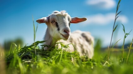 Wall Mural - Goat eat grass in the middle of the green field at sunny day. AI generated