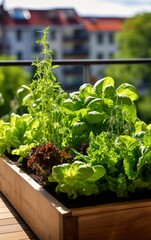 Homemade container garden filled with green vegetables on a balcony