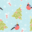 Seamless Pattern with Christmas Tree and Bullfinches