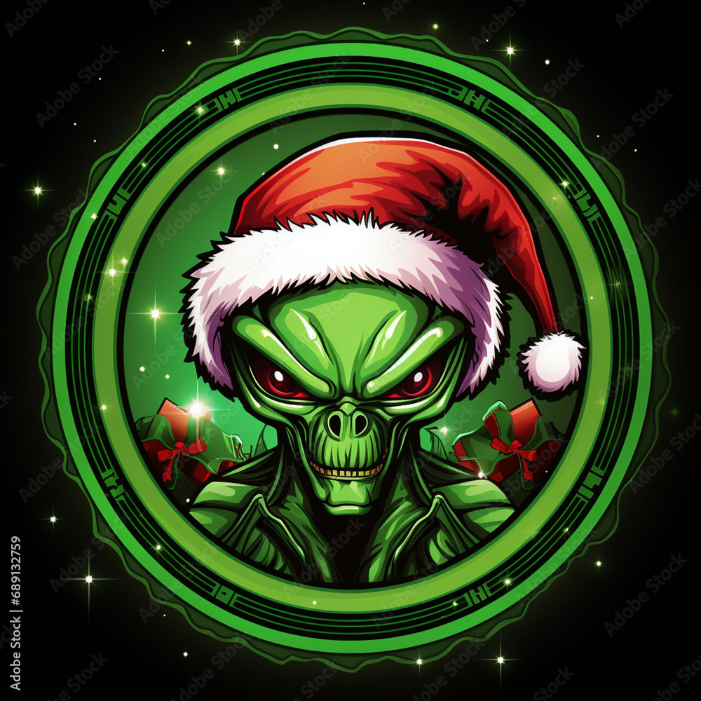 alien in christmas style, cartoon, logo, no background, with border ...