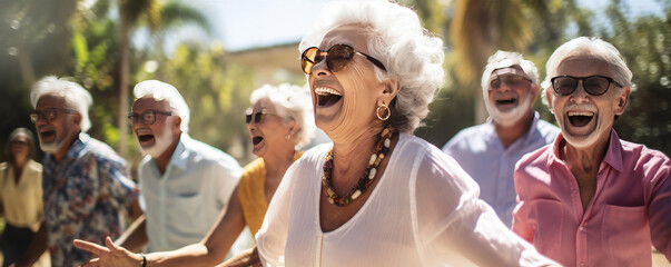 Happy seniors having a party in green park. happy elderly friends wide