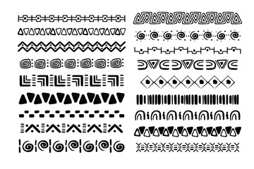 Set african tribal motive border in doodle hand drawn style from geometrical shapes isolated on white background. boho scandinavian srtoke, traditional native decor.