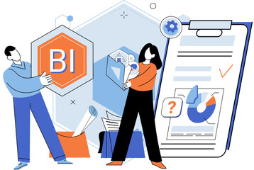 Fototapete - Business intelligence. Vector illustration Managers play crucial role in coordinating teams and resources Reports summarize key findings and recommendations Success is achieved through strategic