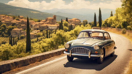 vintage car and country road