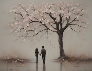 Siblings' Stroll, Abstract Blossom Tree Elegance