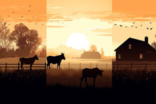Farm Landscape With Cows And Barns At Sunset, Vector Illustration.