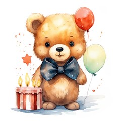 Wall Mural - cute toy bear with birthday cake and balloons. watercolor cartoon illustration