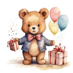 Wall Mural - cute plush toy bear with gifts and balloons. watercolor cartoon illustration
