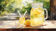 refreshing pitcher of lemonade on a picnic table in a park,  daytime, watercolor,