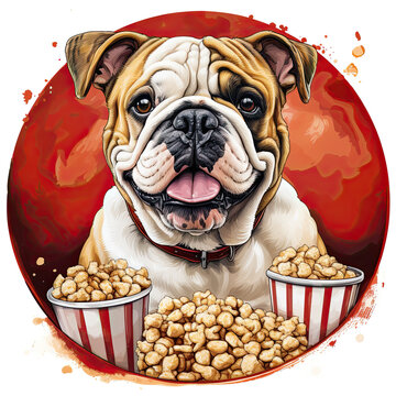 watercolor Popcorn Day Bulldog clipart, Generative Ai