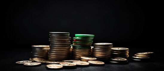 Poster - Italy experiencing economic downturn financial turmoil and currency devaluation Image of Italian flag surrounded by descending coins on black backdrop Copy space image Place for adding text or