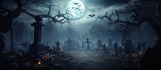 Poster - Halloween themed backdrop with eerie graveyard bare trees graves bats and space for text Copy space image Place for adding text or design