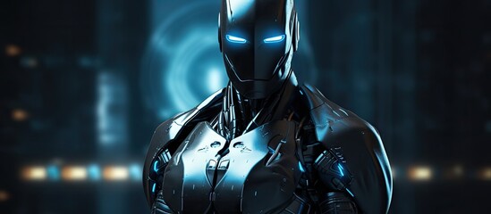 Poster - Cyber security concept with AI technology modernizes cyborg robot with data protection shield Copy space image Place for adding text or design