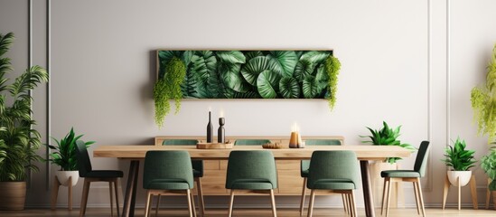 Poster - Modern home decor featuring a stylish botany theme in the dining room with a crafted wooden table chairs plants window map poster and elegant accessories Copy space image Place for adding text