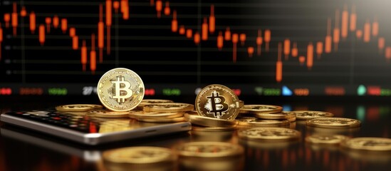 Poster - Bitcoin cryptocurrency on mobile with a growing graph on an international stock exchange enjoying an uptrend Copy space image Place for adding text or design