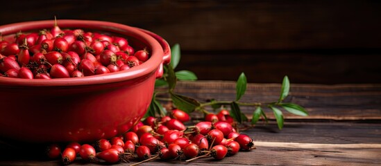 Poster - Organic dog rose hip berries in a sieve Healthy ingredient Alternative medicine and herbal therapy concept Copy space image Place for adding text or design