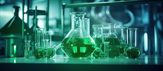 Leinwandbilder - Green toned laboratory equipment for chemical or medical purposes Copy space image Place for adding text or design