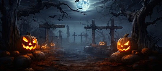 Poster - Halloween scene with graveyard pumpkins and skeletons Copy space image Place for adding text or design