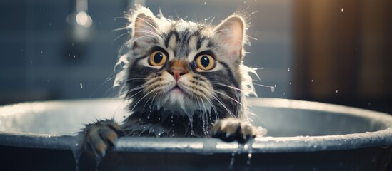Poster - Amusing feline bathing Copy space image Place for adding text or design