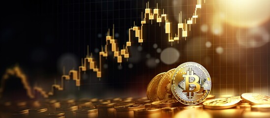 Poster - Bitcoin cryptocurrency on mobile with a growing graph on an international stock exchange enjoying an uptrend Copy space image Place for adding text or design