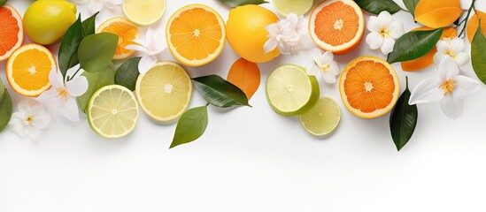 High quality photo of citrus fruits leaves and flowers arranged as a flat lay on a white background Copy space image Place for adding text or design