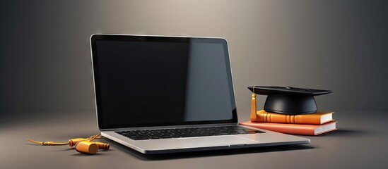 Poster - Computer with graduation cap and diploma isolated Render laptop and graduate hat with certificate Online education concept E learning online courses Illustration Copy space image Place for addi
