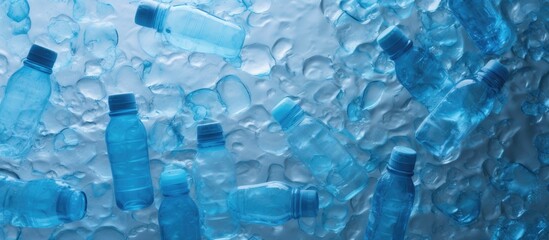 Aufkleber - Blue plastic bottles pattern on blue paper background top view empty half liter water bottle wide banner hinting pollution and environmental protection Copy space image Place for adding text or