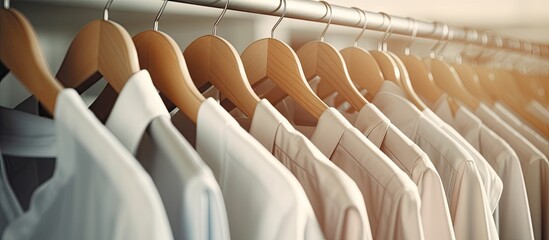 Poster - Clean shirt hangers in laundry closeup Copy space image Place for adding text or design