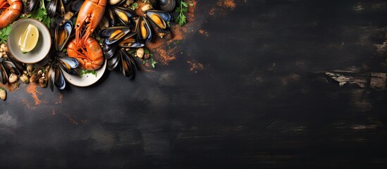 Poster - Mussels and shrimp on a background ready for text Copy space image Place for adding text or design