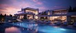 Luxurious new nighttime mansion with pool and vibrant sky Copy space image Place for adding text or design