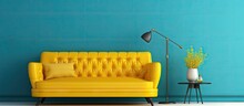 Contemporary yellow room with classic blue sofa and artistic paint decoration Copy space image Place for adding text or design