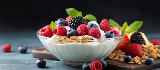 Fototapete - Healthy breakfast with yogurt granola and fruit berry salad Copy space image Place for adding text or design